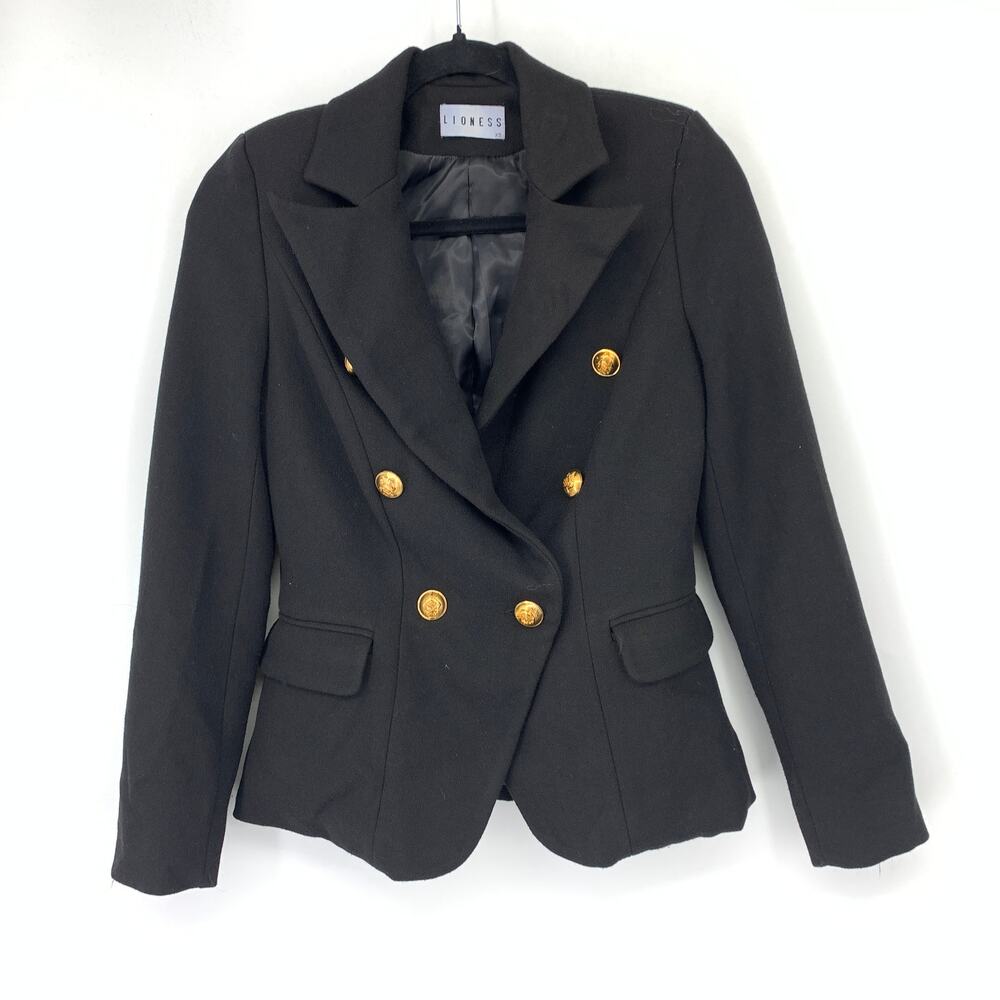 Lioness Palermo Double Breasted Blazer Jacket Womens XS Black Gold Tone Buttons